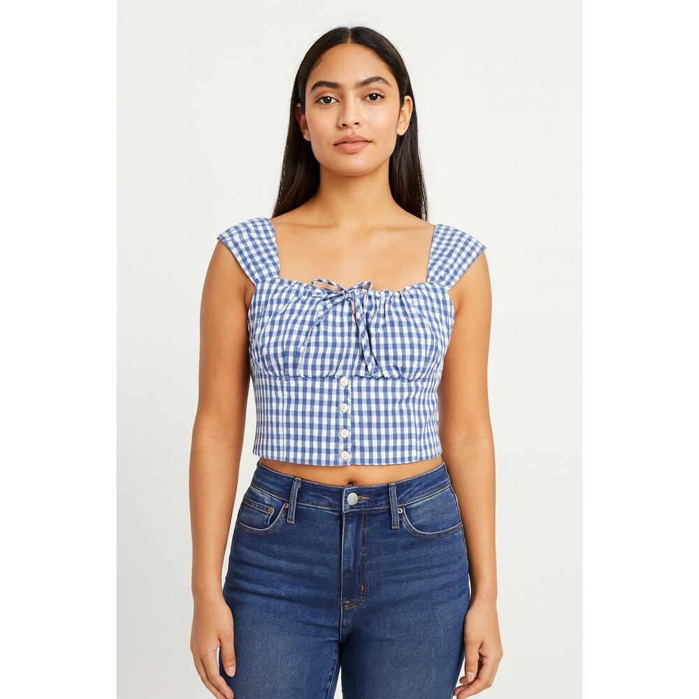 Monteau Los Angeles Blue Gingham Button Front Crop Top Women’s Size Medium